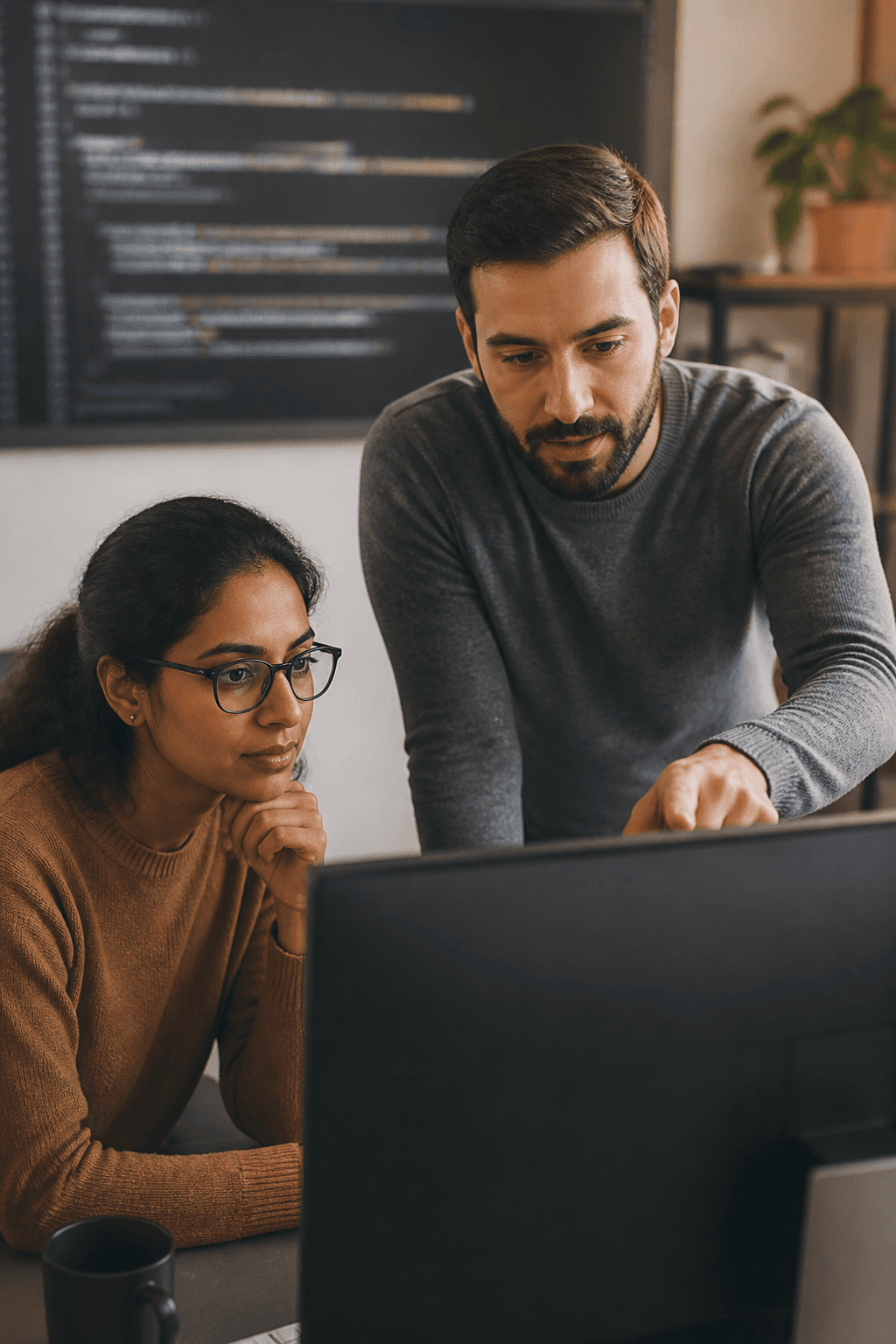 Two colleagues discussing work in front of a computer monitor